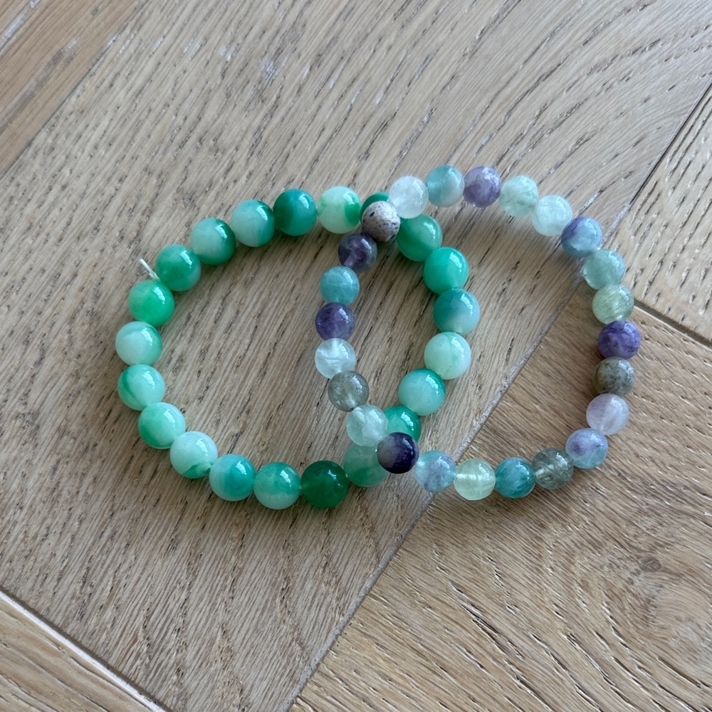Natural Stones - Green and Purple Beaded Bracelet Set - elastic